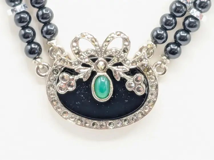 1928 Black Beaded Necklace with Rhinestones and Green Gem Pendant Silver Tone