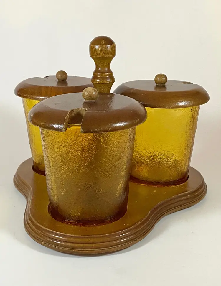 *VTG* Wood & Textured Amber 3-Glass Lidded Condiment Caddy/Serving Set