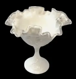 Fenton Spanish Lace White Milk Glass Silver Crest Ruffled Compote Candy Dish