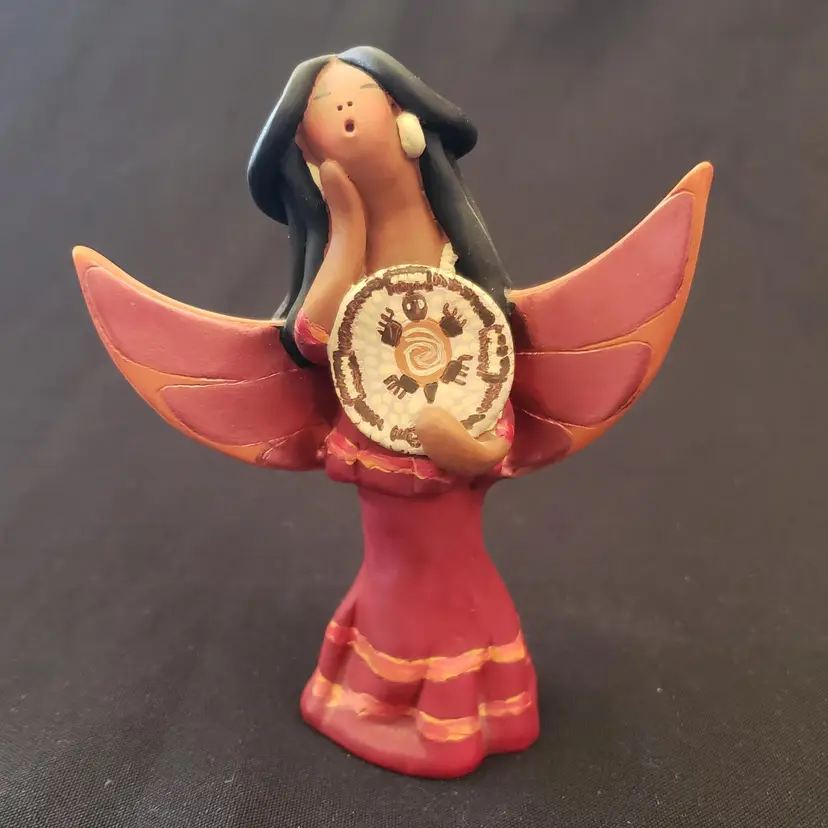 Folk Art Standing Angel Basket Maker Figurine Signed April Romo de Vivar 4¼" Tall