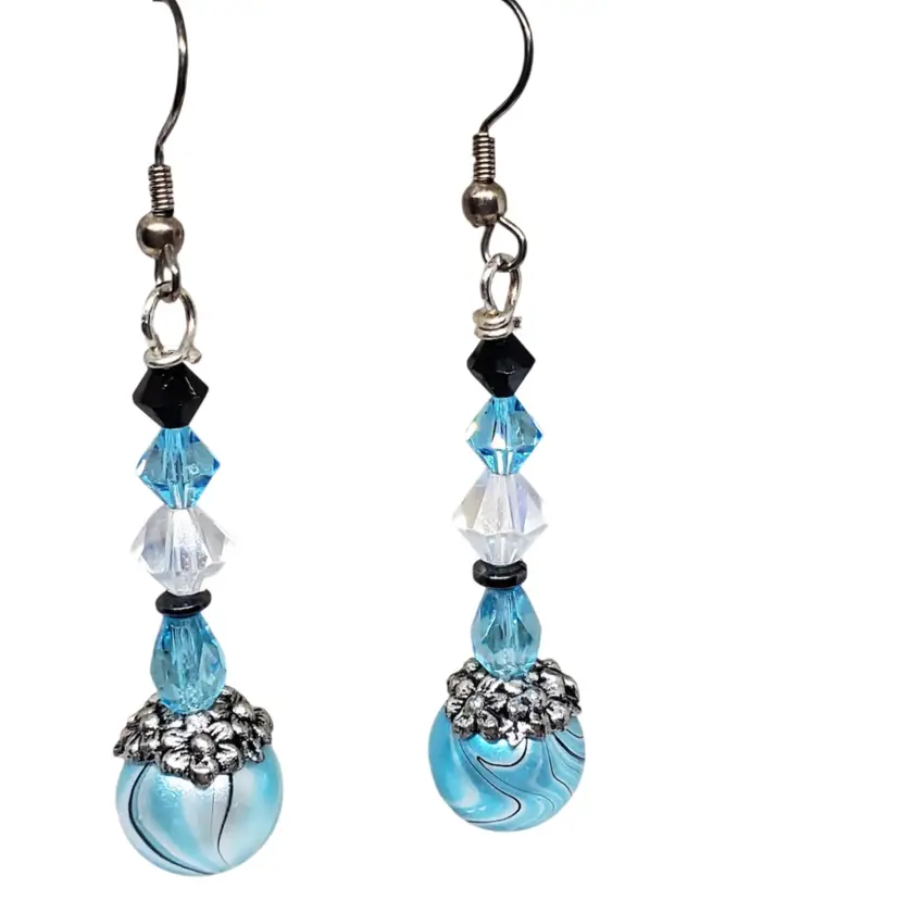 Handcrafted Aqua Blue Disco Ball Beaded Earrings