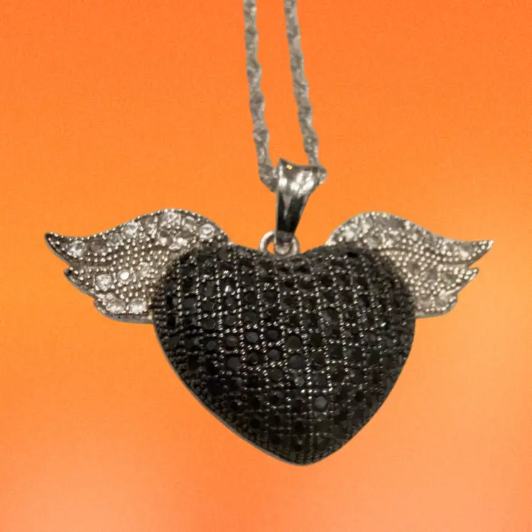 Sterling Silver with 1 CTTW Round Shape Natural Spinel and White Zircon Winged Black Heart Pendant w 18" Sterling Chain