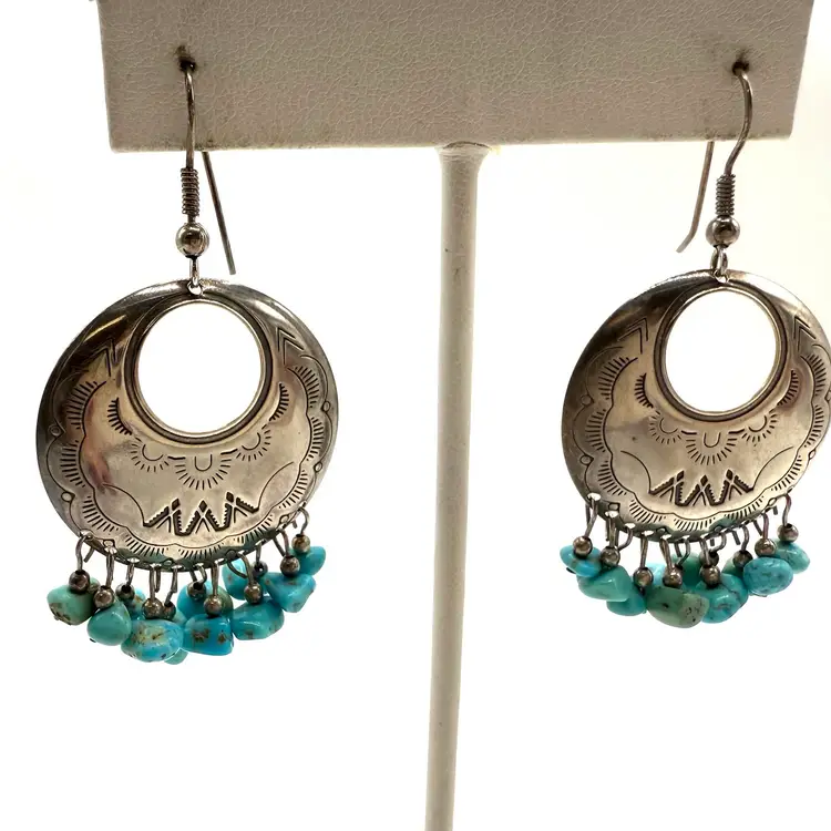Native American Earrings,Signed 925 R, Sterling Turquoise Stones, Ear Wire Pierced Earrings