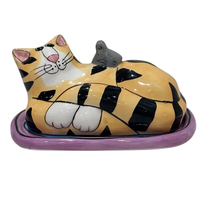 Vintage Catzilla Ceramic Butter Dish Hand Painted By Candace Reiter - 2002