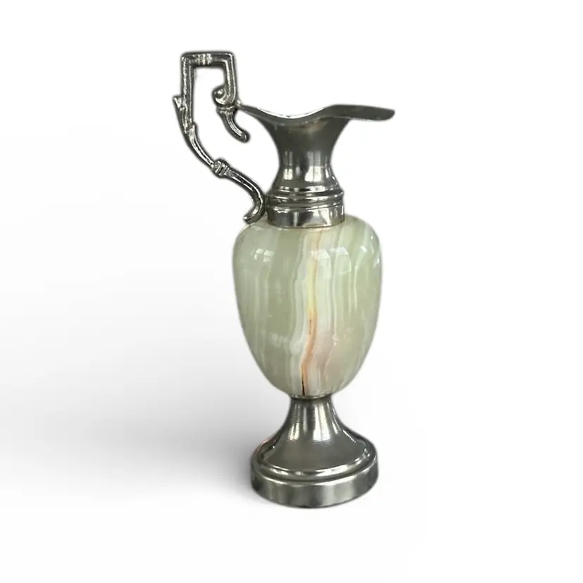 Vintage Pakistani Green Onyx and Metal Vase Or Pitcher