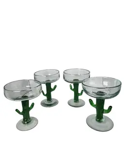 Set Of 4 Margarita Glasses, Hand Blown, Mexican Cactus Stem, New Years Eve Fun