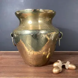 Vintage Solid Brass Vase or Planter with Swinging Handles and Etching, 6 inches tall.