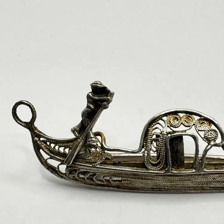 Vintage Italian Gondola Filigree Sterling Silver Brooch Pin, Stamped 800, Made in Italy