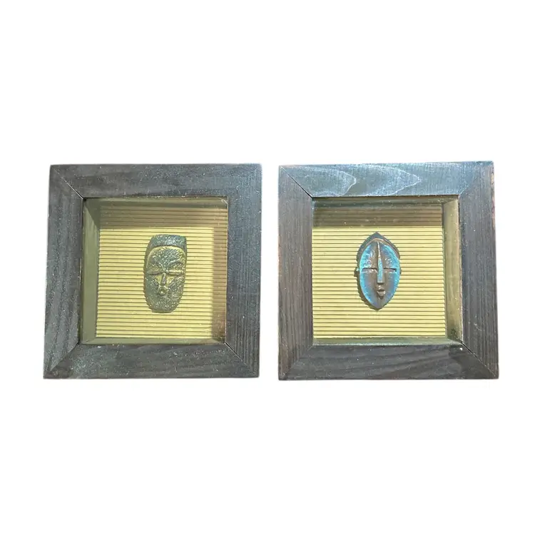 Two African Ceremonial Head Figure Shadow Boxes in Brown Wood Frame
