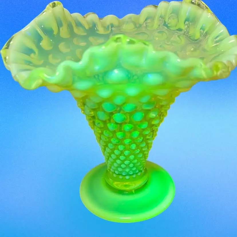 Antique Fenton Uranium Topaz W/ Opaline Edge Hobnail 5.5” Tall Vase Early 1900’s