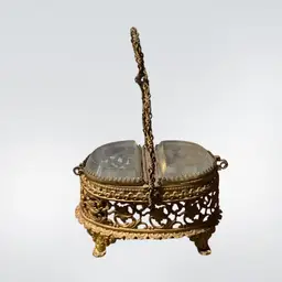 16. Gold Tone Pierced Metal Trinket Box Beveled Glass Hinged Top