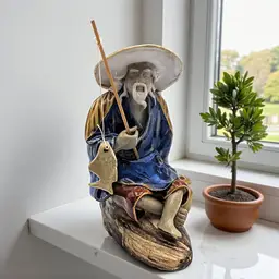 Vintage Mud Man Ceramic Chinese Oriental Fisherman with Fish and Pole Figurine