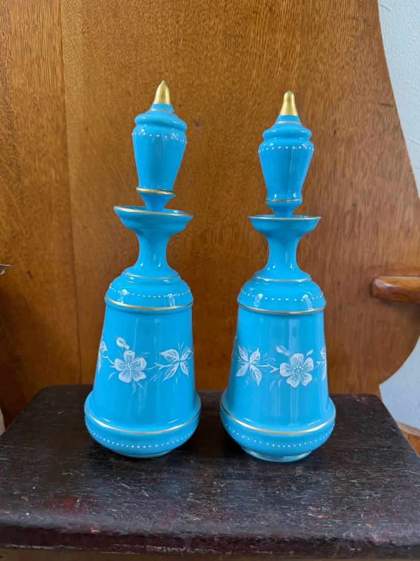 Vintage Blue Opaline Glass Decanter Bottles
