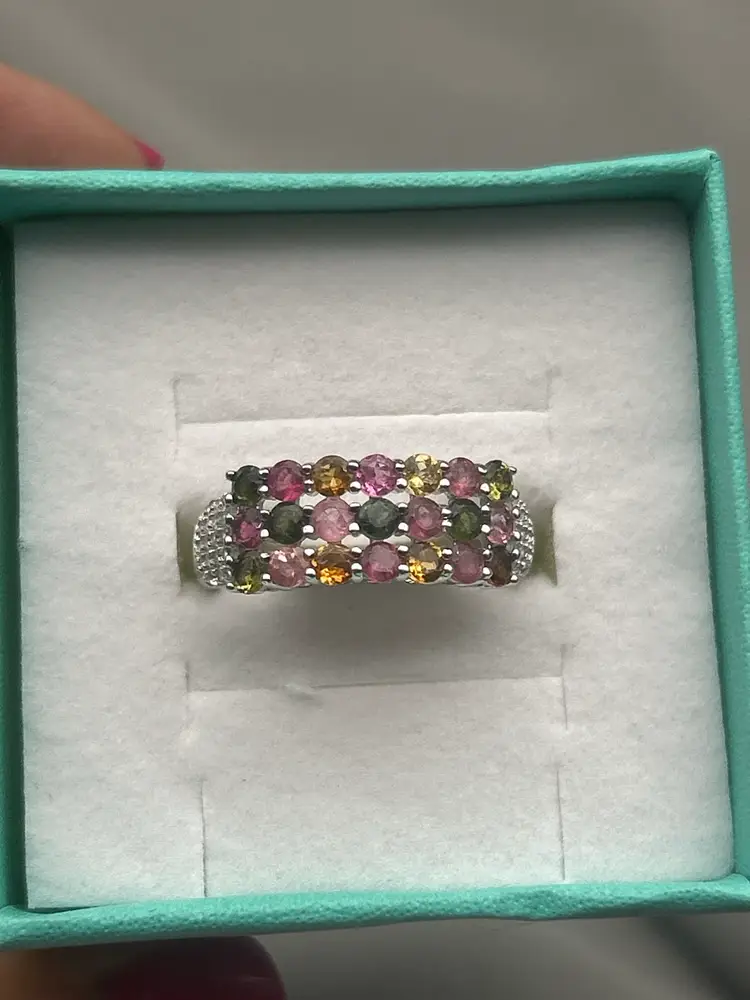 Promise. Collection – Sterling Silver Multicolor Tourmaline Triple-Row Band Ring – Pink Green Yellow Gemstone Statement Ring – Size 8 3/4 – 925