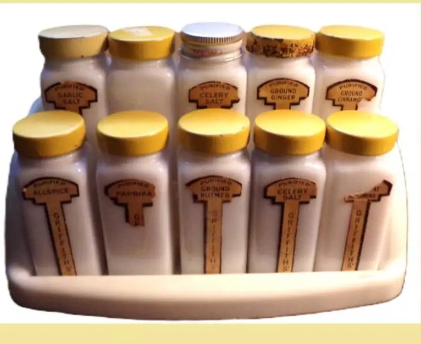 Vintage Griffith's Milk Glass Jar Spice Rack Set