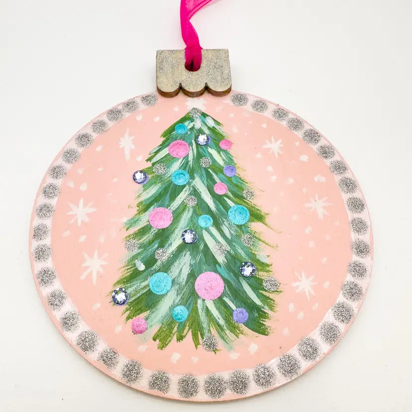 Christmas Tree Hand Painted Wood Ornament Swarovski Crystal Accents