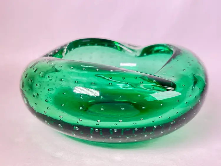 Fine Murano Bullicante Emerald Green Art Glass Ashtray Bowl 4.5" Mcm
