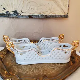 Set of 2 Utensil Holders White Lattice with Gold Trim Porcelain Treasures Flatware Silverware
