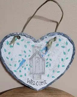 Heart Shaped Welcome Sign Painted Slate Blue Bird
