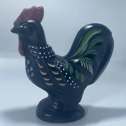 Fenton Folk Art Glass 2001 Hand Painted Black Rooster Figurine Retired Signed