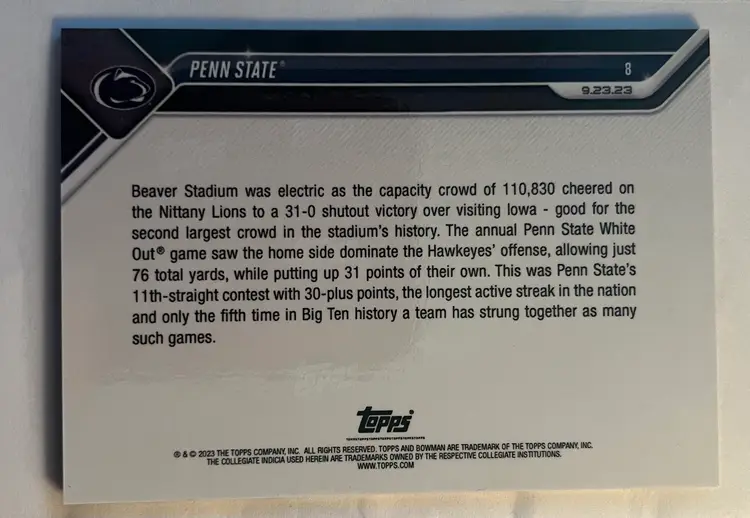 2023 Bowman U Now Penn State 9.23.23 White Out