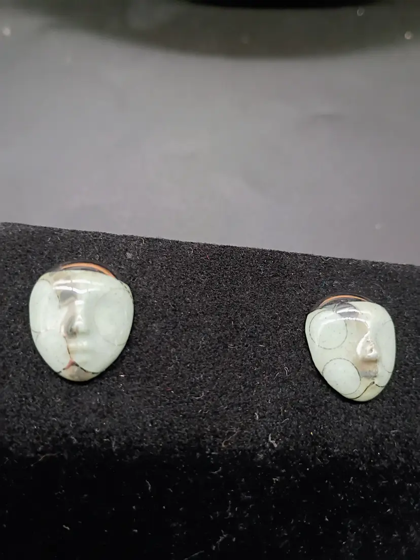 Hand Crafted POTTERY and Coin Silver Abstract Face Pierced Stud Earrings OOAK