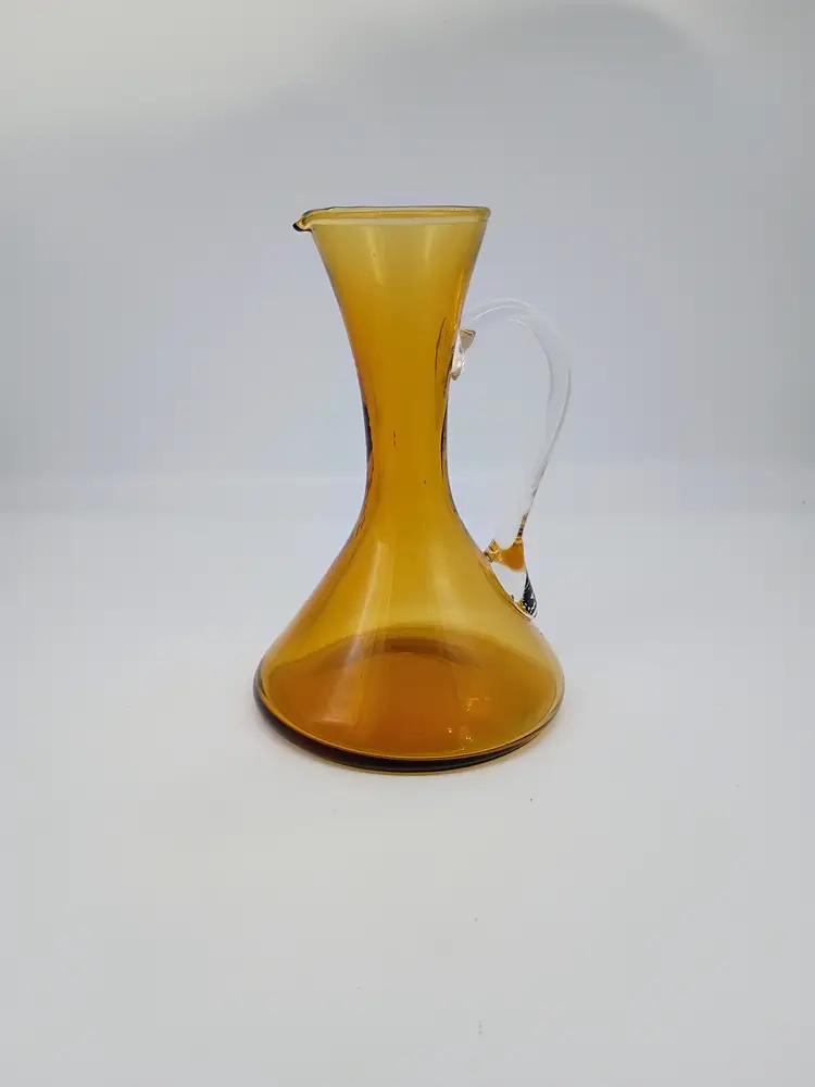 Vintage Italian Art Glass MCM Beaker Shaped Amber Pitcher w Applied Handle 7.25"