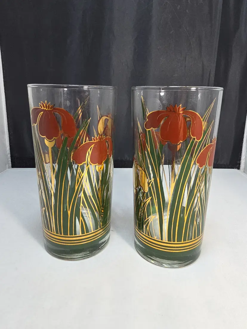Vintage Culver Iris Cinnabar 22KT Gold Highball Glasses Set of 2