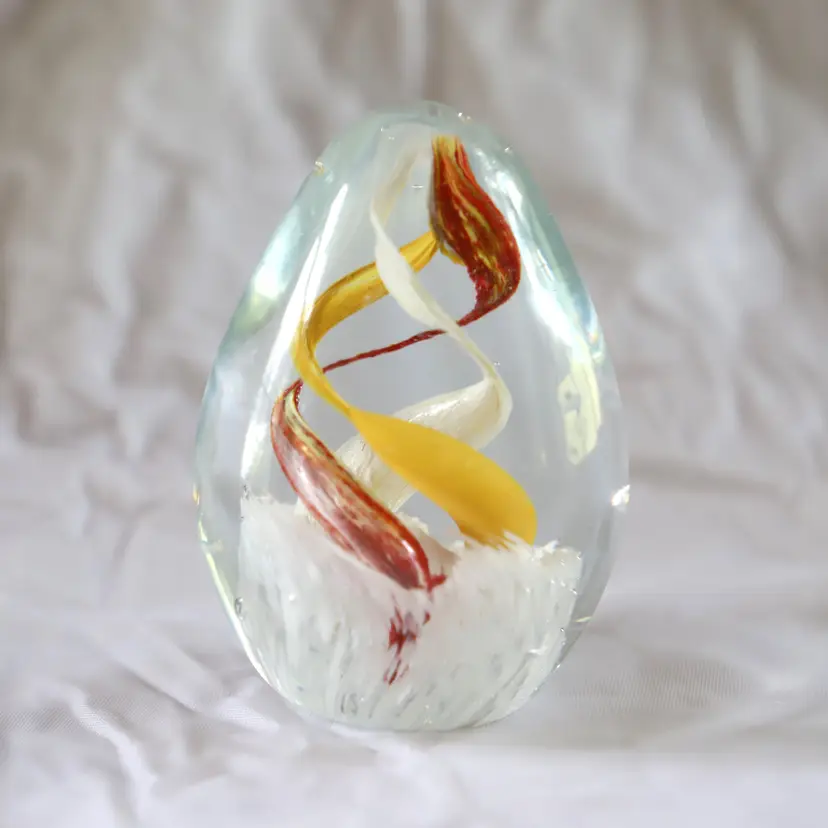 Vintage Art Glass Swirled Paperweight Egg Shape Red Yellow White 3” B25