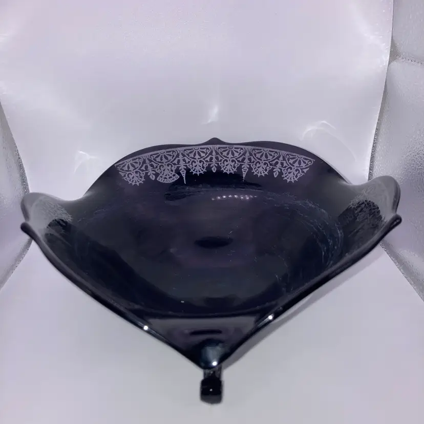 Vintage Footed Black Amethyst Glass Bowl!  Sterling Silver Overlay Pattern! 3 1/2” Tall 8 1/2” Wide! READ!