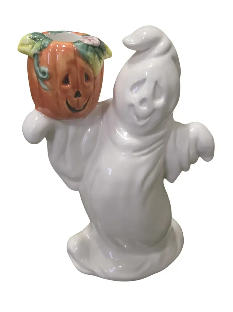 1990's Vintage Ceramic Halloween Ghost/Pumpkin Candle Holder 7.5 x 5.5"