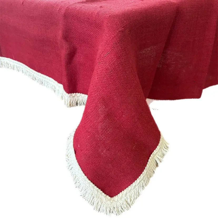 Red Burlap Brush Fringed Tablecloth Holiday Christmas Vintage Retro Jute Oblong