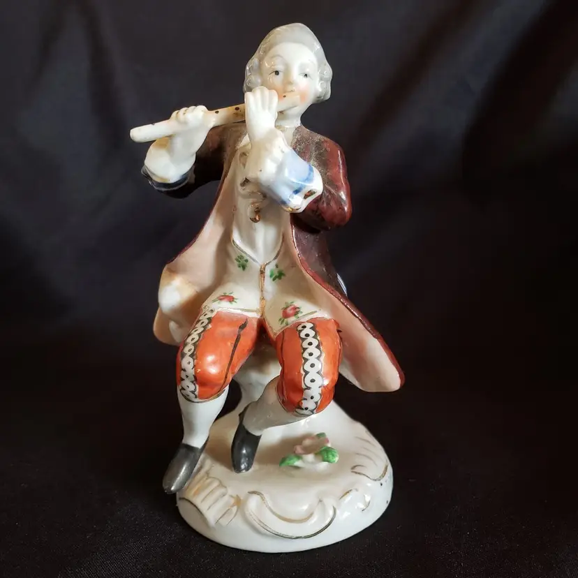 Man Playing Flute Figurine Porcelain Ceramic 5 3/4” Tall made Japan Vintage READ