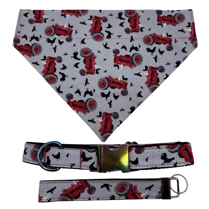 Dog Collar & Bandana Black W/ Farm Tractor Print Large Handmade Heavy Duty NEW