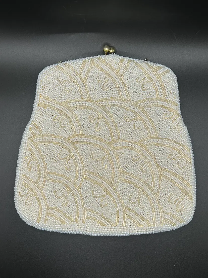 Vintage Cream Colored Beaded Clutch Bag Korea