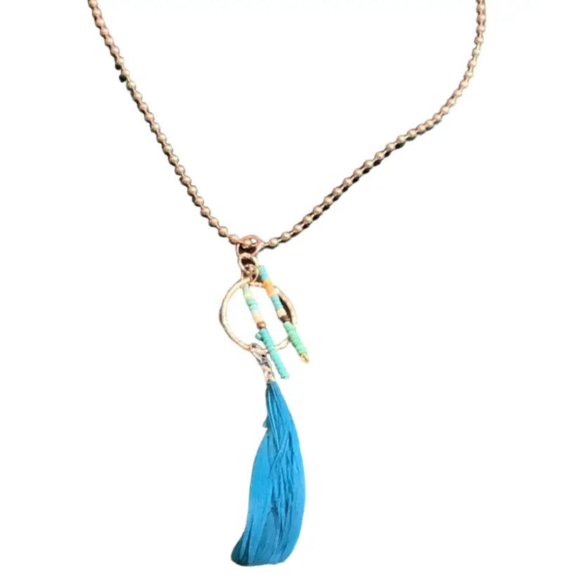 07 Handcrafted Costume Jewelry Necklace Turquoise Feather, Hard Plastic And Glass Seed Bead And Metal  Pendant 28” Silver Tone Chain