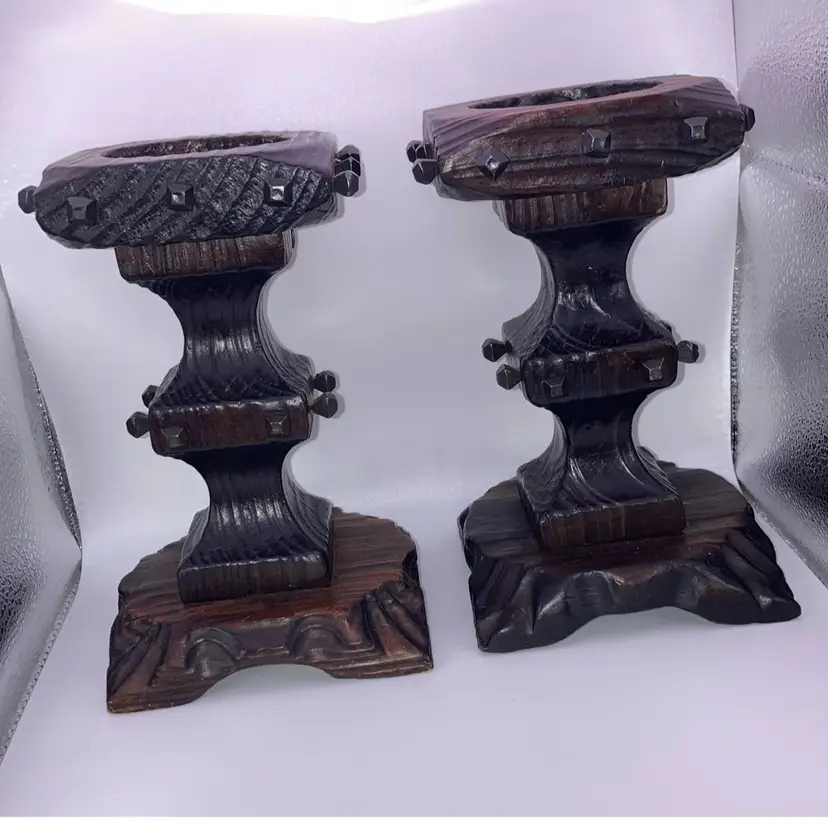 Set of 2 Wood Candle Holders! 7 1/4” Tall 4 1/4” Wide! Some Wax Residue!