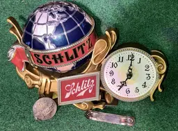 Lot Of 3 Vintage 1976 Schlitz Beer Globe Motion Bar Sign Clock, Opener ,Buckle