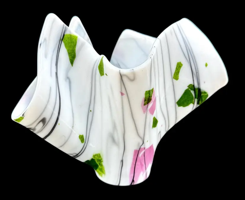 Fused Art Glass Handkerchief Vase Confetti Pink Green White Black Stripe 7”