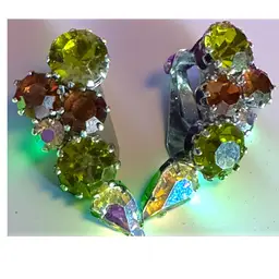 Vintage High End Green & Garnet AB Rhinestone Clip On Earrings