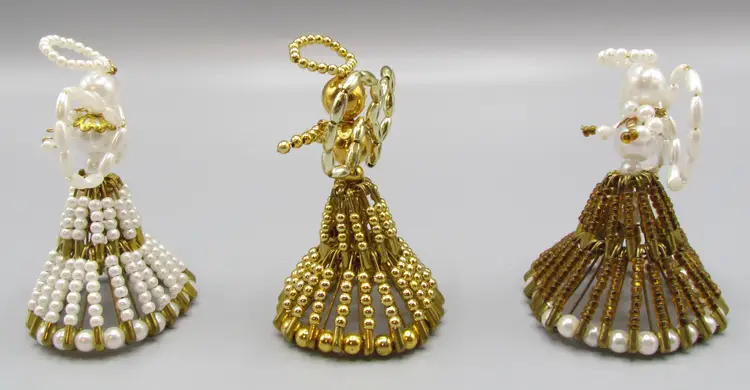 Vintage Handmade Beaded Safety Pin Angels Set 3 Faux pearls ornaments/figurines