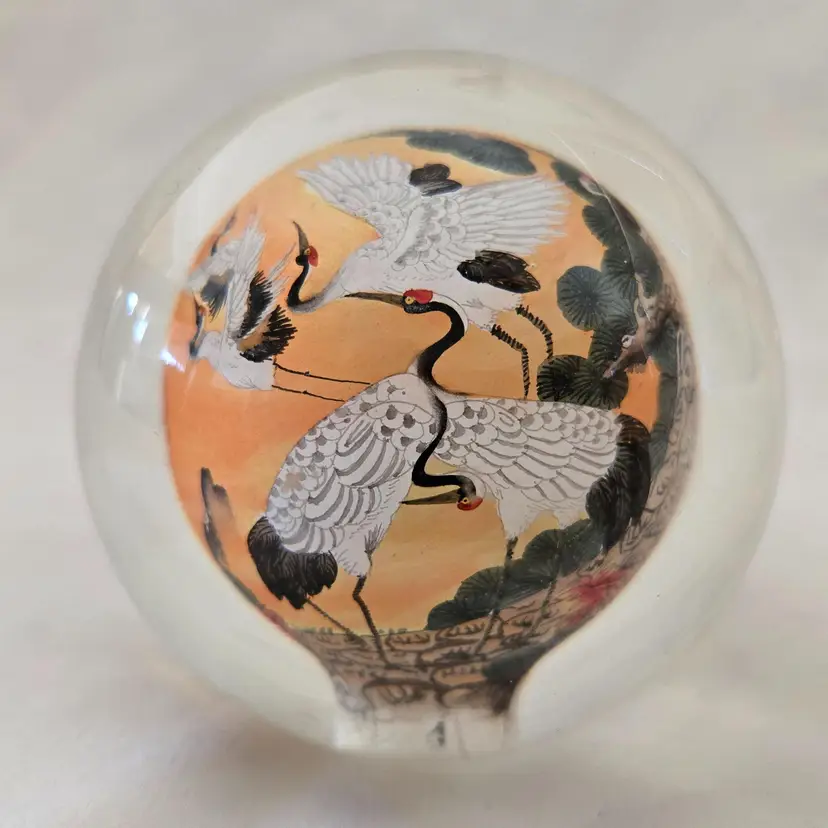 Art Glass Cranes Reverse Hand Painted Sphere Ball 3" Diameter Unbranded Vintage