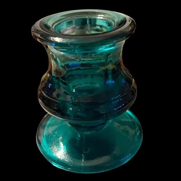 Vintage Teal Pressed Glass Candle Holder – 2⅜” H.