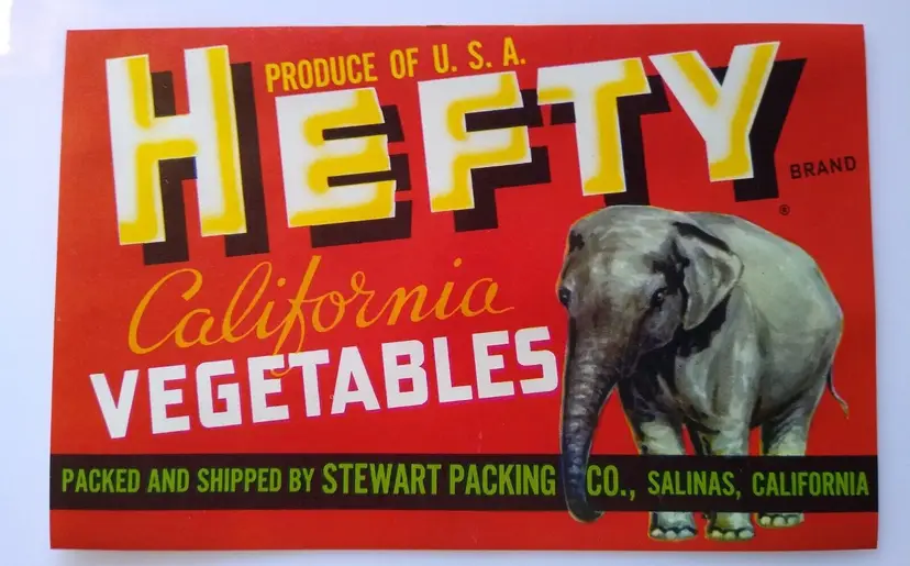 Hefty Elephant Vegtables Crate Label California Original Vintage 1950's Stewart