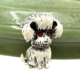 White Dog Brooch, Maltese Poodle Yorkie, Red Rhinestone Eyes, White Enamel Puppy Pin