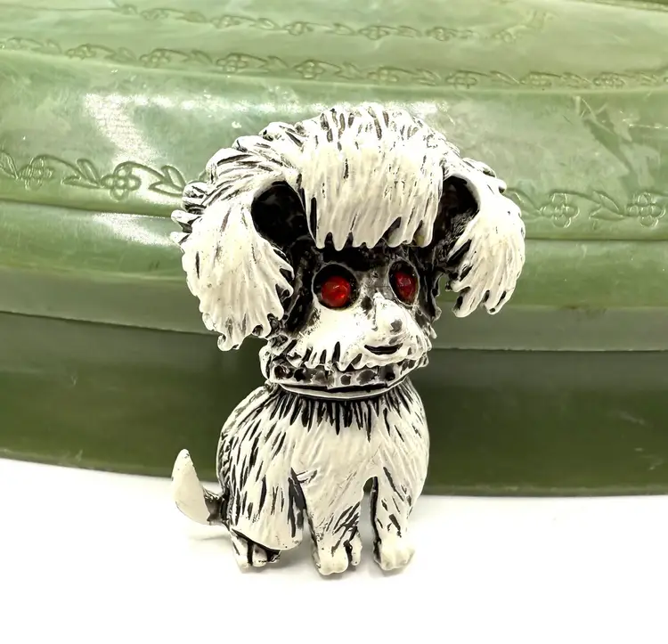 White Dog Brooch, Maltese Poodle Yorkie, Red Rhinestone Eyes, White Enamel Puppy Pin