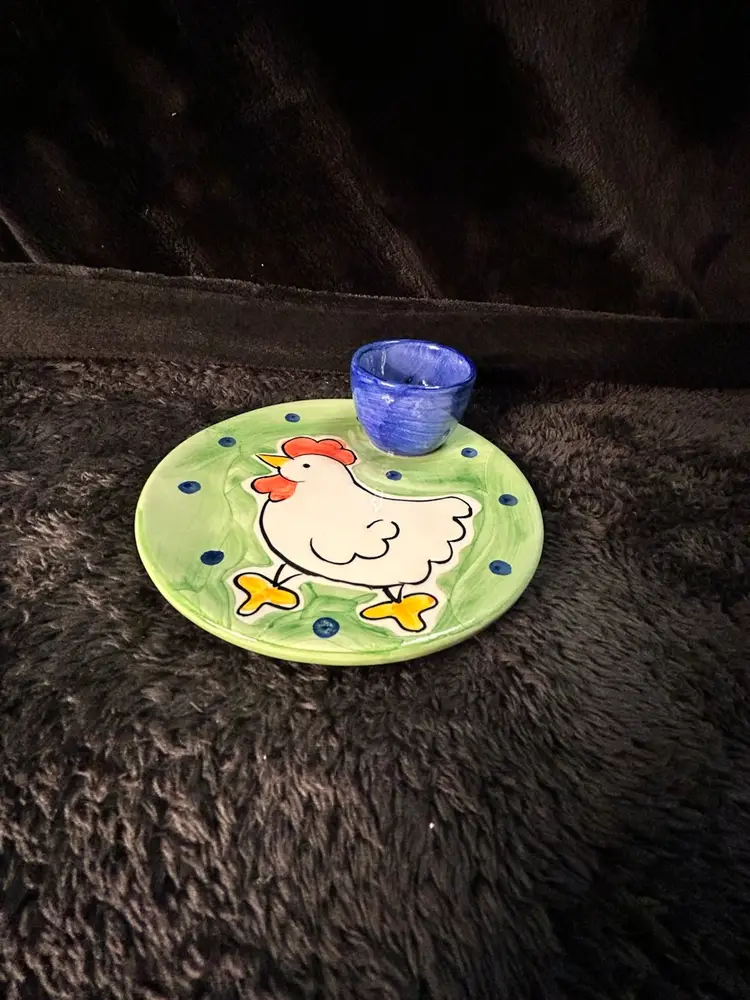 Vintage Barrarte Portugal Ceramic Egg Cup W/ Attached Plate