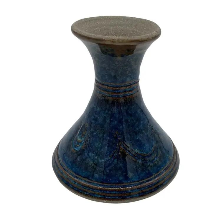 Studio Pottery Bud Vase, Blue Glaze, Brown Sgraffito Swag Design, 3.3"