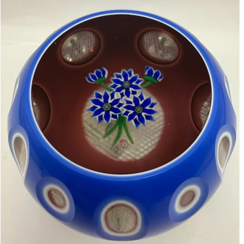Perthshire Blue White & Amethyst Triple Overlay Blue Flower Lampwork Art Glass Paperweight 3.25x2.25β