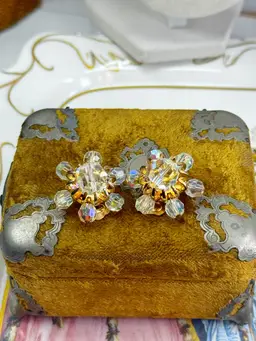 Vintage Ab Crystal Clip On Earrings 1”